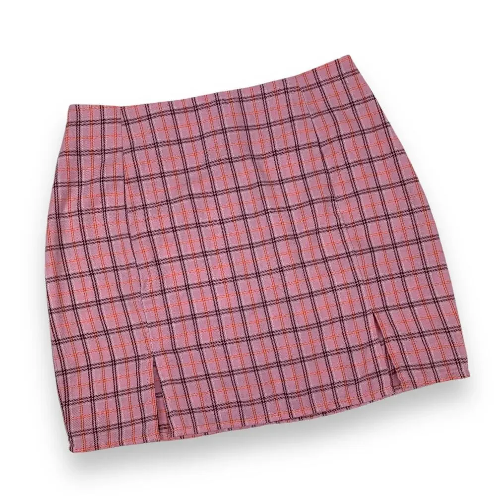 Vintage pink and orange plaid mini skirt with double slits - Picture 4 of 10